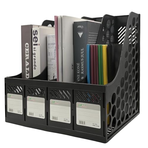 Ysenchan Plastic Magazine File Holder & Desk Organizer, 4 Vertical Compartments File Folder Organizer for Office Classroom Organization, Coloring Book Storage with Sturdy Binder Accessories(Black)