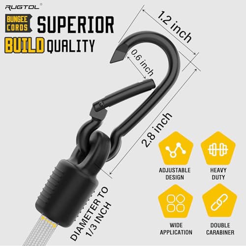 Image of Bungee Cords with Hooks, 48 Inch Adjustable White Bungee Cords with Carabiner Heavy Duty Outdoor, 8mm Thick Easy to Adjust Bungee Rope UV Resistant for Truck Bed, Bike Rack, Camping, 6 Pack