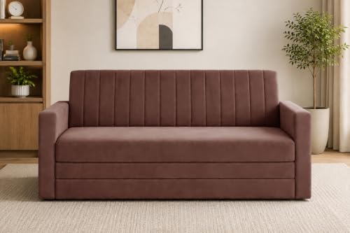 Image of 3-Seater Velvet Sofa Cum Bed with Armrests | Modern Convertible Sleeper Couch | Stylish Sofa Bed for Living Room, Bedroom & Office | Brown