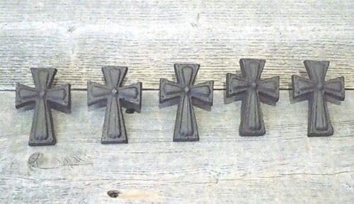 Vintage 5 CAST IRON CROSSES W/SCREWS DRAWER CABINET HANDLES BIN DRESSER RELIGIOUS CROSS