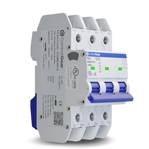 3 Pole, 15 Amp, D Trip, UL-489 Listed Miniature Circuit Breaker (MCB), 10kAIC, 480Y/277VAC, Non-Polarized, DIN Style. Brand: CONTROLGEAR