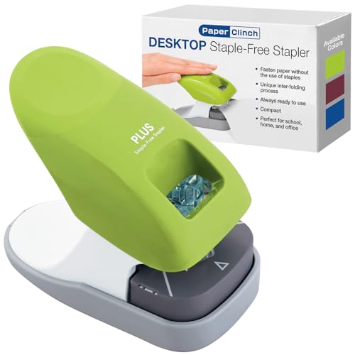 Image of Plus Paper Clinch Desktop Staple-Free Stapler, Green