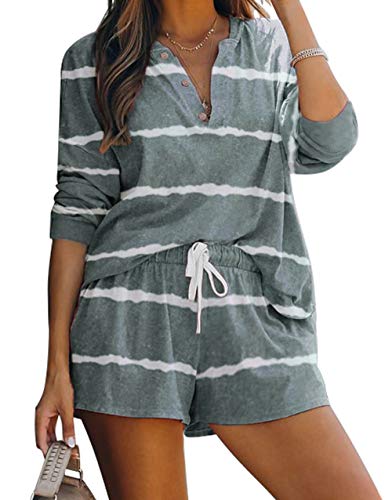 PRETTYGARDEN Womens Casual Two Piece Pajamas Set Long Sleeve Pullover With Shorts Matching Sleepwear Lounge Wear Jogger Set