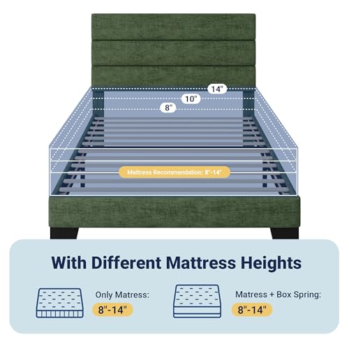 Image of Allewie Twin Size Platform Bed Frame with Fabric Upholstered Headboard and Wooden Slats Support, Fully Upholstered Mattress Foundation /No Box Spring Needed /Easy Assembly, Green