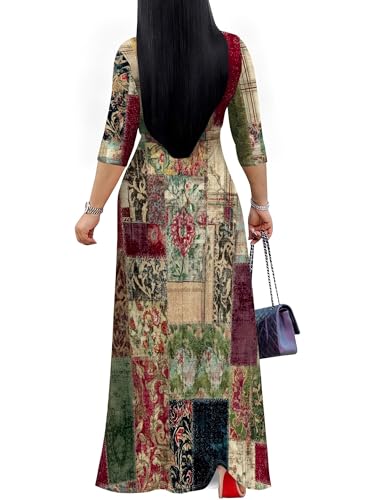 Image of Women's Plus Size Maxi Dresses Long Sleeves V Neck Floral Print Bohemian Swing Long Dress with Belt