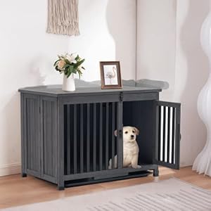 MCombo Wooden Dog Crate Furniture, Dog Kennel Pet House End Table, Solid Wood Portable Foldable Indoor Cage for Dogs, No Assembly Needed (Medium, Grey)