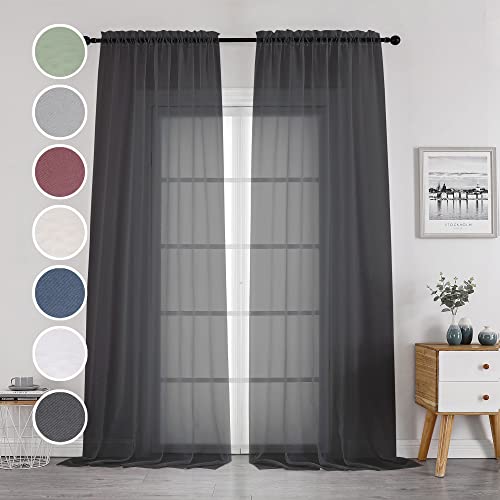 Image of OWENIE Black Sheer Curtains 144 inch Extra Long, Elegant and Airy Drapes Translucent Window Treatments for Living Room /Bedroom, Black, 2 Panels=84 inch Wide