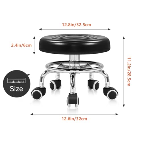 Image of KKTONER Black Roller Seat PU Leather Rolling Stools with Wheels Nail Stool for Home Work Office Shop Step Stool (Black)