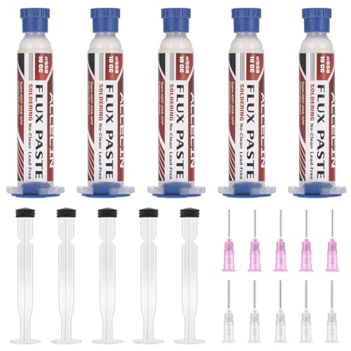 ALLECIN 5 Piezas Flujo de Soldadura 10mL Flux Sin Plomo 10CC Flux Soldar de Jeringa No Clean Solder Flux Paste AEC 558 con Aguja y Varilla de Empuje para LED SMD BGA Soldadura Electronica