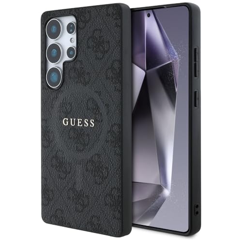 CG MOBILE Sous Licence Guess Étui pour S25 Plus Cuir Noir Anneau Coloré 4G Logo Classique Compatible avec MagSafe