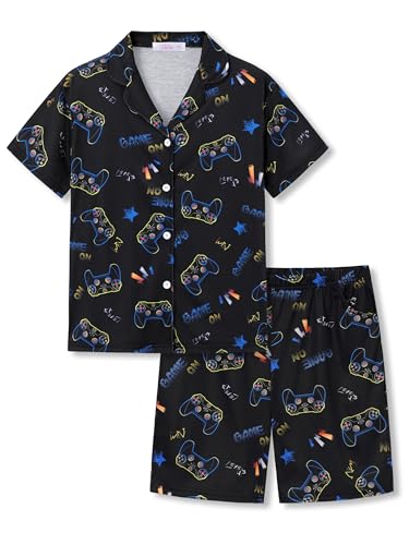 Tebbis Boys 2-Piece Pajamas - Black Video Game Controllers Print Short Sleeve Notched Collar Button Soft PJs Size 12