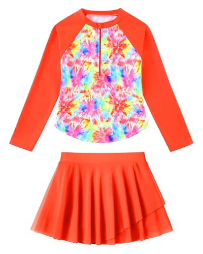 Image of Girls Rash Guard Swimsuit Long Sleeve Bathing Suits with Swim Skirt Shorts Two Piece Sun Protection Swimwear for 3-12 Years