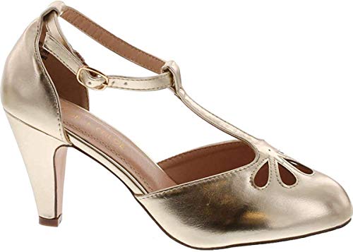 Chase & Chloe New Kimmy-36 Women's Teardrop Cut Out T-Strap Mid Heel Dress Pumps Light Gold Size 10