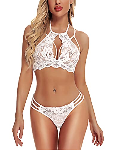 RSLOVE Lingerie Sexy pour Femmes Nuisette en Dentelle Ensemble Soutien-Gorge et Culotte Sexy 2 Pièces Blanc L