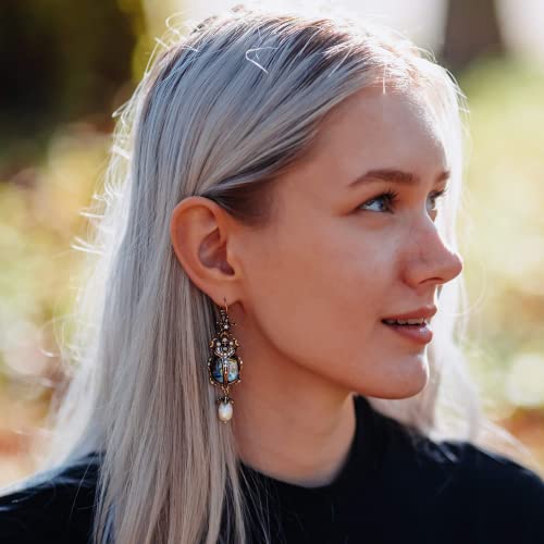 COLORFUL BLING Drop Dangle Earrings For Women - Vintage Jewelry For Women- Unique Beetle Bug Scarab Weird Earrings -Amazing Victorian Scarab Pearl Drop Jewelry - Fashion Abalone Shell Earring Gifts for Women 6