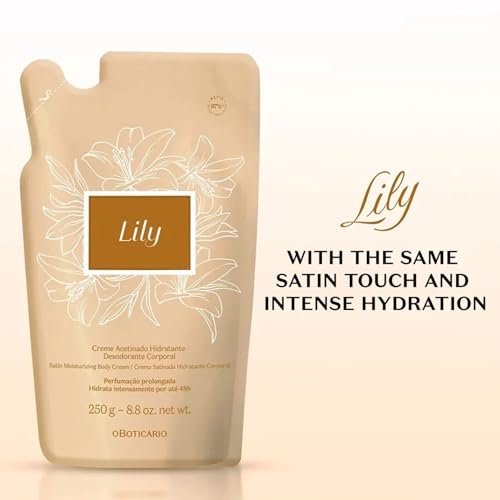 O BOTICARIO O Boticário Lily Satin Moisturizing Body Cream REFILL POUCH, 24 Hour Fragranced Body Butter for Dry Skin, 8.8 Ounce (250g)