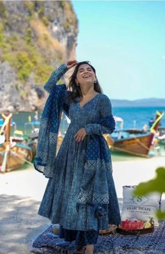 Image of Womens Kurta Anarkali Suit with Dupatta Ethinic Traditional Floral Long Sleeve Dress Set, Printed Kurta Palazzo With Dupatta