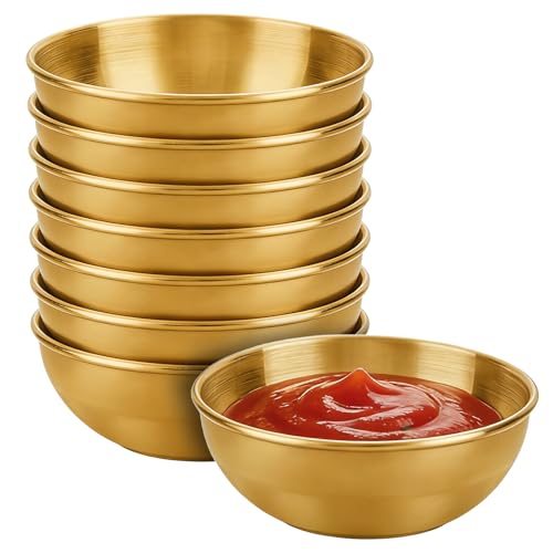 PRITOK Lot de 8 bols dorés : bols ronds en acier inoxydable, bols à sauces, épices et sauces, pour sushi, snack, épices, moutarde (8,2 x 2,7 cm)