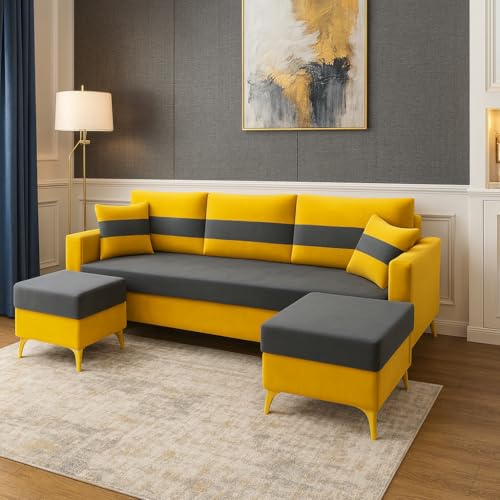 Image of SOCOZI Bravelle 5 Seater L Shape Sofa Set with 2 Movable Ottomans | Flexible Layout | Soft Velvet Suede Fabric|Modern Sofa with Golden Legs | Plush Comfort Cushions for Living Room (Yellow-Dark Grey)