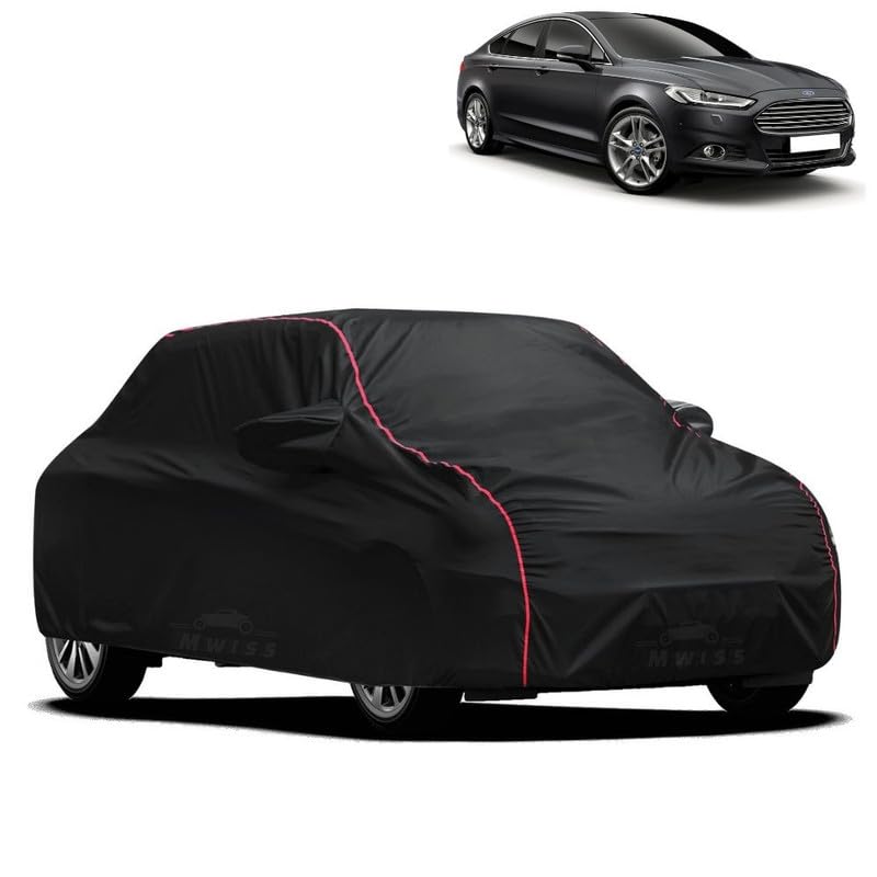 Image of Waterproof Car Cover for Ford Mondeo | All-Weather Protection, Dustproof & UV Resistant | Triple Stitched Mirror Pockets, Windproof Buckle Strap with Elastic Hem, Black-Red Piping