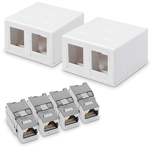 kwmobile 2x CAT 6A Aufputz Netzwerkdose inkl. 4x Keystone Module - 2 Port RJ45 Buchse 10 Gbit/s - Netzwerk LAN Aufputzdose Internetdose Set in Weiß