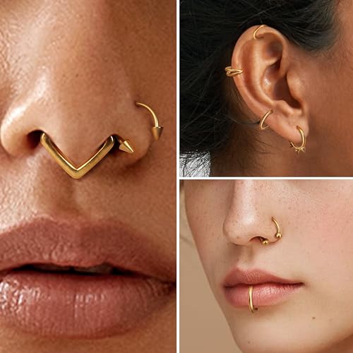 Besteel Hypoallergenic Septum Rings 16G 8mm Surgical Steel Clicker Nose Rings Hoops Set Small Lip Cartilage Helix Daith Piercing Jewelry for Women Men 16 Pcs Gold Silver Black4