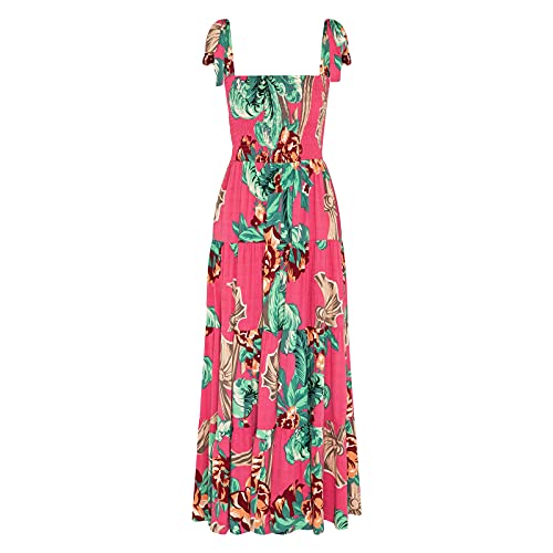 Image of kinstell Women's Summer Boho Spaghetti Strap Square Neck Ruffle Casual Flowy Long Dress Beach Swing Party Maxi Dress