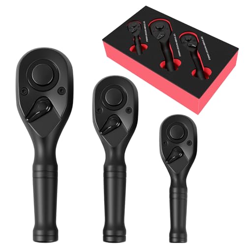 DikTalk 3-Piece Stubby Ratchet Set 1/4 3/8 1/2 Drive 72-Tooth Black Finish Quick Release & Reversible CR-MO Steel with Non-Slip Grip for Tight Spaces Includes EVA Case Automotive DIY Tools