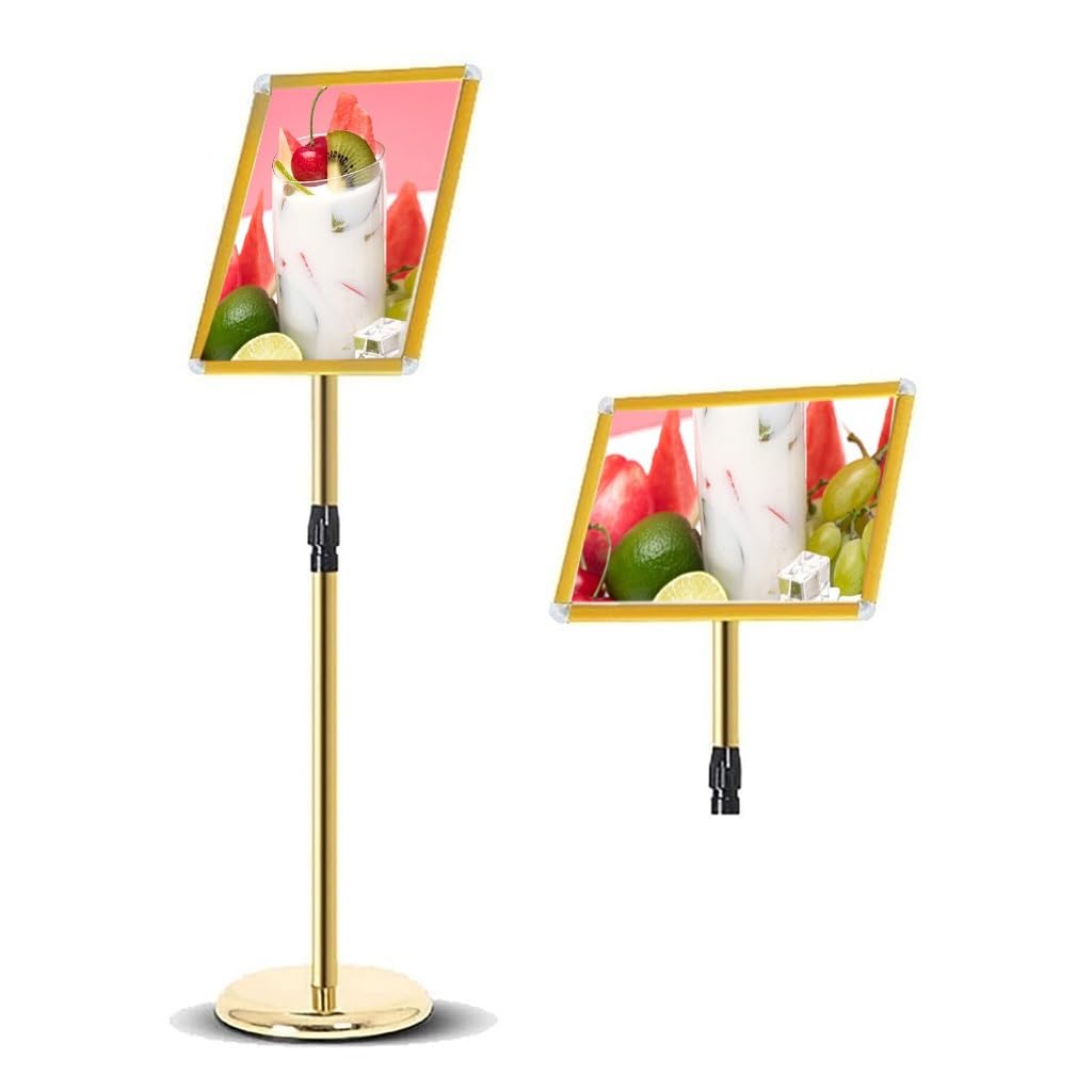 Soporte de metal para carteles con esquina de seguridad, soporte para letreros de pie de pedestal resistente A4, soporte para letreros tanto vertical como horizontal (dorado)