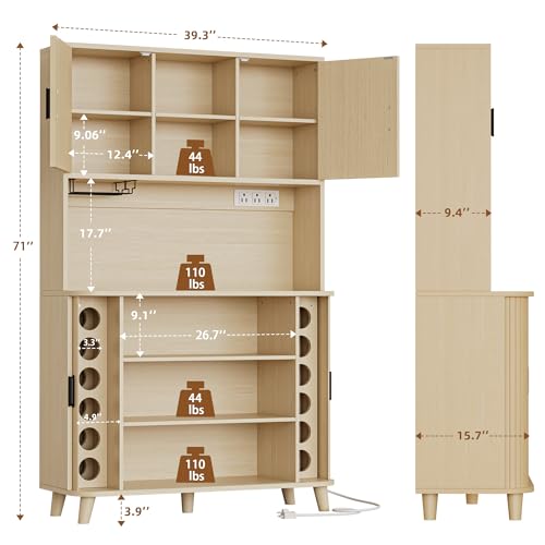 Image of Lulive 71 inch Tall Pantry Cabinet with Rolling & Sliding Doors, 39 inch Wide Kitchen Storage Cabinet with Charging Station and Open Countertop, Modern Kitchen Pantry Cabinet for Dining Room, Natrual
