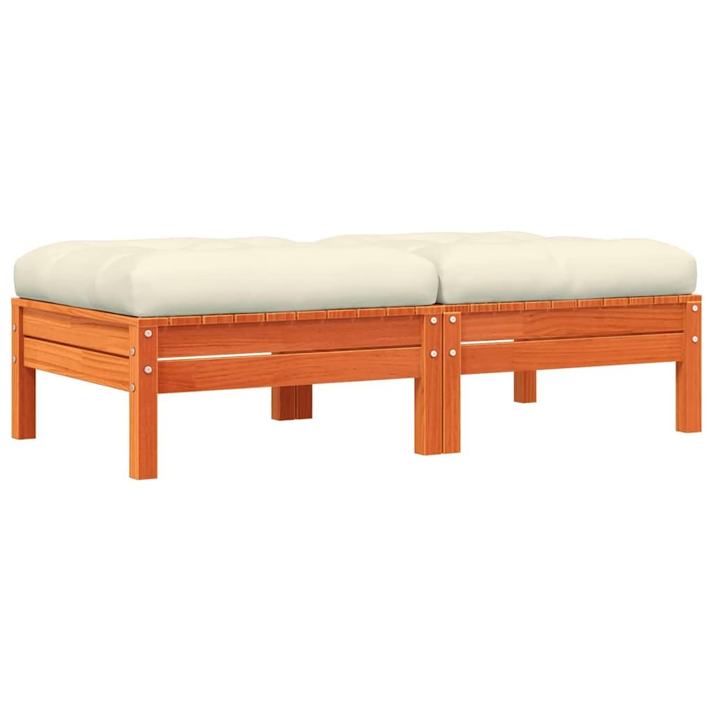 Reposapiés Jardín 2 Piezas Marrón Cera Madera Pino Macizo | Cojín de color crema incluido, 63 x 63 cm, diseño de láminas, modular, para patio y terraza