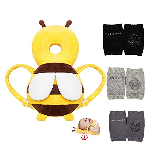 Feidoog Baby Head Protector Cushion Backpack With 3 Baby Knee Pads For Walking & Crawling,Bee cover