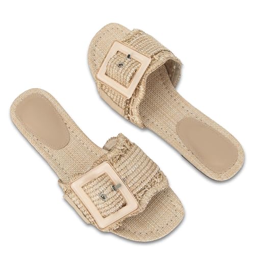 Image of ZJGZF Raffia Sandals for Women Buckle Straw flats Woven Braided Rattan Slides Summer Beach Sandals Comfort Cute Shoes
