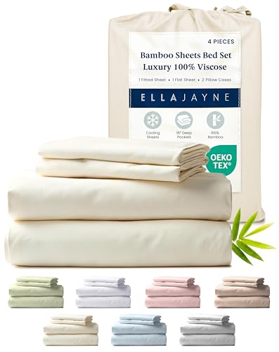 Ella Jayne Viscose Derived from Bamboo Sheets Set (4 Pieces) Queen Size, Ultra Soft & Luxuriously Cooling, Eco-Friendly Queen Sheet Set Deep Pockets 16 Inch (Ivory)