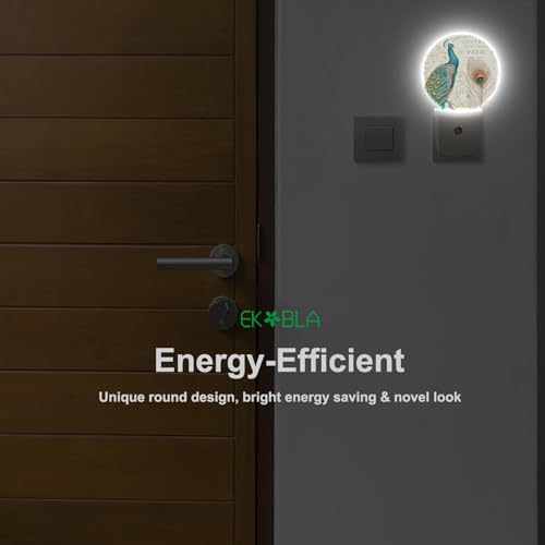 Image of EKOBLA Peacock Night Light, Peacock Feather Retro Night Lights Plug Into Wall with Auto Sensor, 0.5W Sleep Friendly for All Ages