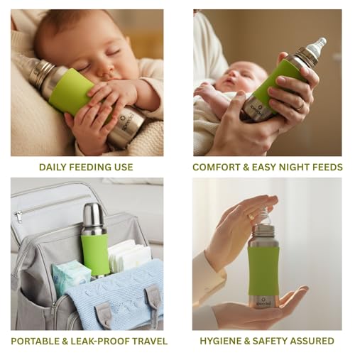 Image of SPEEDEX Stainless Steel Baby Feeding Bottle 240 ml with Green Silicone Grip & Internal ML Marking | BPA & Plastic Free | Anti-Colic Silicone Nipple | 304 Grade Steel Infant Milk Bottle | Leak Resistant (240ml)
