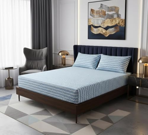 Image of 400TC Cotton Feel Glace Cotton Double Bed Elastic Fitted Bedsheet King Size 78 x 72 Inches with 2 Pillow Covers (Blossom Blue)