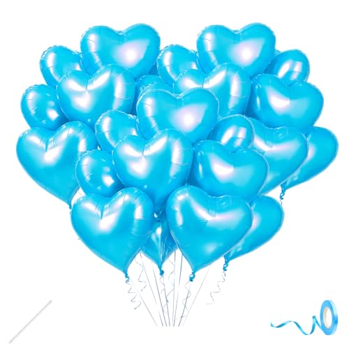 Image of Pack of 20 Heart Balloons for Happy Birthday Decoration Sky Blue Kit Baby Boys Girls Kids Men Women Car Boot Living Room Heart Shaped Foil Balloon Set Items