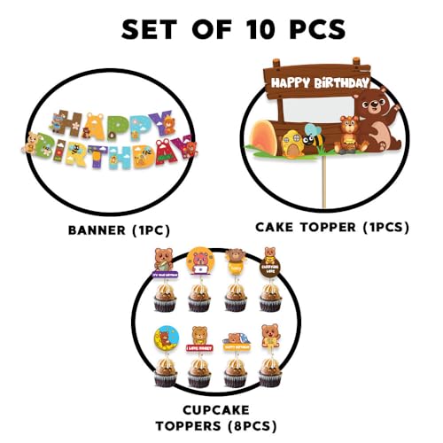 Image of Festiko Set of 10 Pcs Bear Theme Happy Birthday (Banner, Cake & Cupcake Toppers), Bear theme birthday decorations