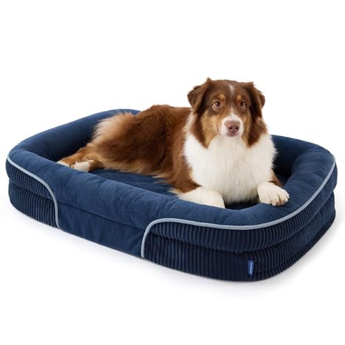 Bedsure L Plus Orthopedic Dog Beds Large Sized Dog - 360° Oval Bolster Large Dogs Bed for Senior Dogs with Waterproof Washable Cover, Big Comfort Pet Sofa Couch with Ultra-Soft Fleece, Navy Blue, 38