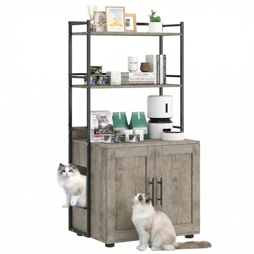 Cat Litter Box Enclosure Furniture with Bookshelf, Hidden Litter Box Cabinet for Indoor Cats, Rustic Cat House with Storage Shelves, Double Doors, Fits Most Litter Boxes