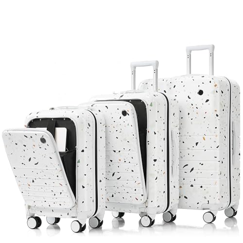 Convenient and Stylish Luggage Set of 3 with USB Ports and Front Opening Design, Starry Sky White, Airline Certified