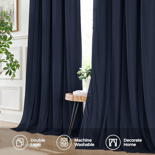 Image of 100% Blackout Curtains for Bedroom, Double Layer Navy Blue Curtains, Black Out Curtain 72 inch long With Sheer Overlay for Living Room, Room Darkening Window Drapes with Grommet, 52 inchW x 72 inchL