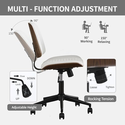 Image of Armless Rolling Office Desk Chair, Adjustable Height Computer Chair, White