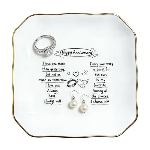 TIGERMILLION Anniversary Wedding Gift for Women, Jewelry Dish, Happy Anniversary Ceramic Ring Dish, Engagement Wedding Aniversario Gift for Her Wife Girlfriend, Trinket Tray for Earrings Necklaces