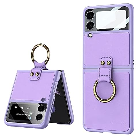 PRUDOM for Samsung Galaxy Z Flip 4 Case with Ring Ultra Thin Matte PC Leather Protective Cover 9H Glass All-Inclusive Camera Lens Protector Case for Samsung Galaxy Z Flip 4 5G 2022 (Purple) Cover