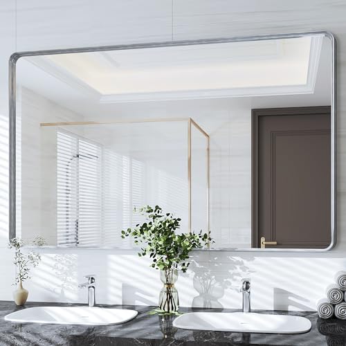 Suidia Bathroom Mirror, 30" x 48" Wall Mirror Metal Framed, Bathroom Vanity Mirror for Living Room Bedroom Bathroom Entryway, Silver, Rounded Corner Style by Suidia - Used condition - US$94.45