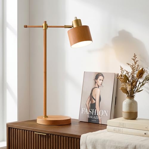 OYEARS 22.2 Mid Century Desk Lamp Modern Metal Table Lamp with LED Bulb Adjustable Reading Lamps Industrial Task Lamp for Home Office Farmhouse Bedside Lamps with Solid Base Woodgrain