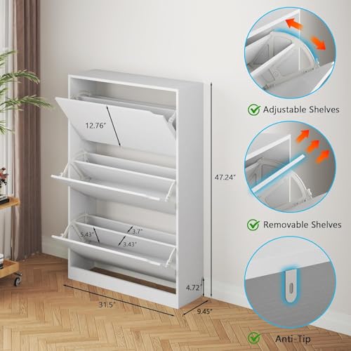 Image of BORNOON Shoe Cabinet with 3 Flip Drawers, Hidden Wood Shoe Cabinet,Freestanding Shoe Storage Cabinet for Entryway Hallway.White. 47.2 inch H*31.5 inch W*9.45 inch D.