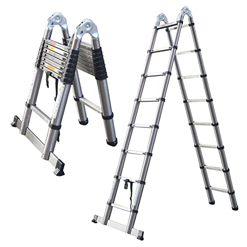 Newest 16.5FT Telescopic Ladder Multi-Purpose A-Frame/Straight Extension Ladder Stainless Steel Telescoping Attic Loft Ladder Adjustable Height EN131 Safe Standard for Home Roof RV Outdoor Activity